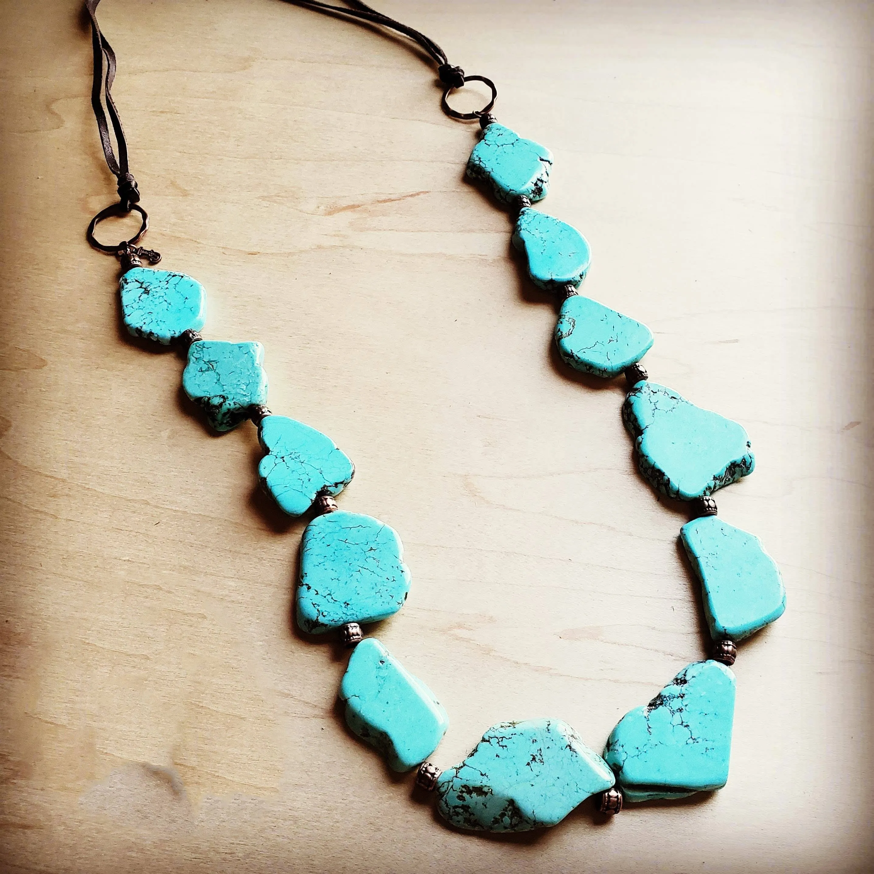 Blue Turquoise Slab Necklace with Leather Ties - Western Jewelry