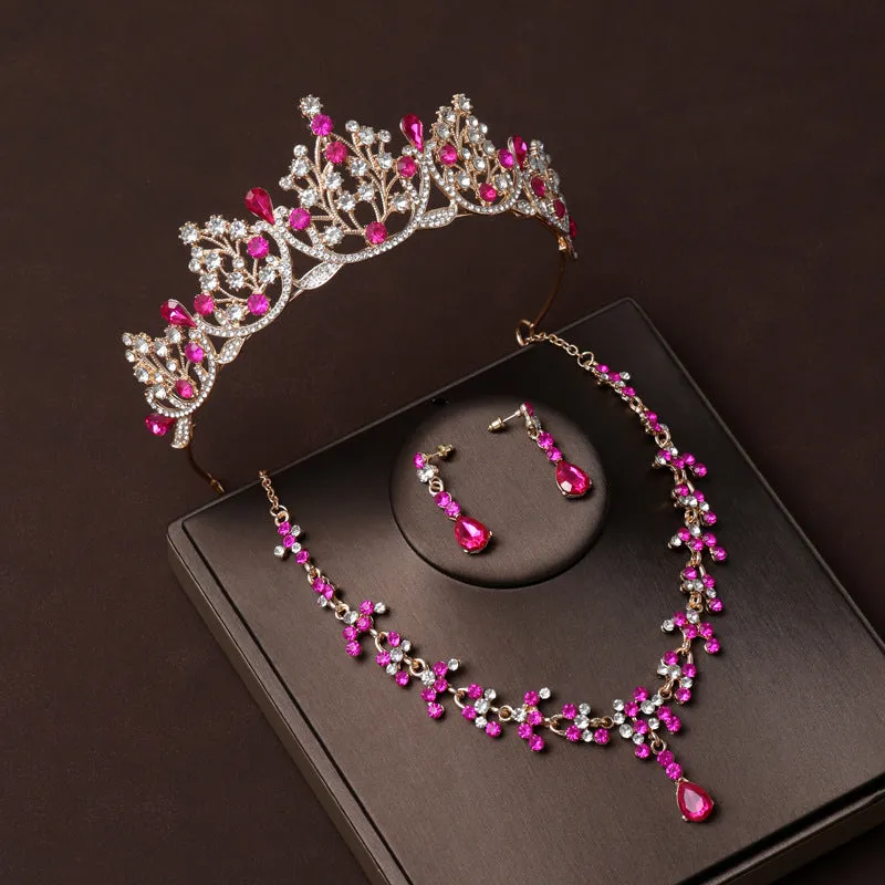 Bridal tiara three-piece set Tian rose red crown necklace earrings set wedding hair accessories new wedding accessories