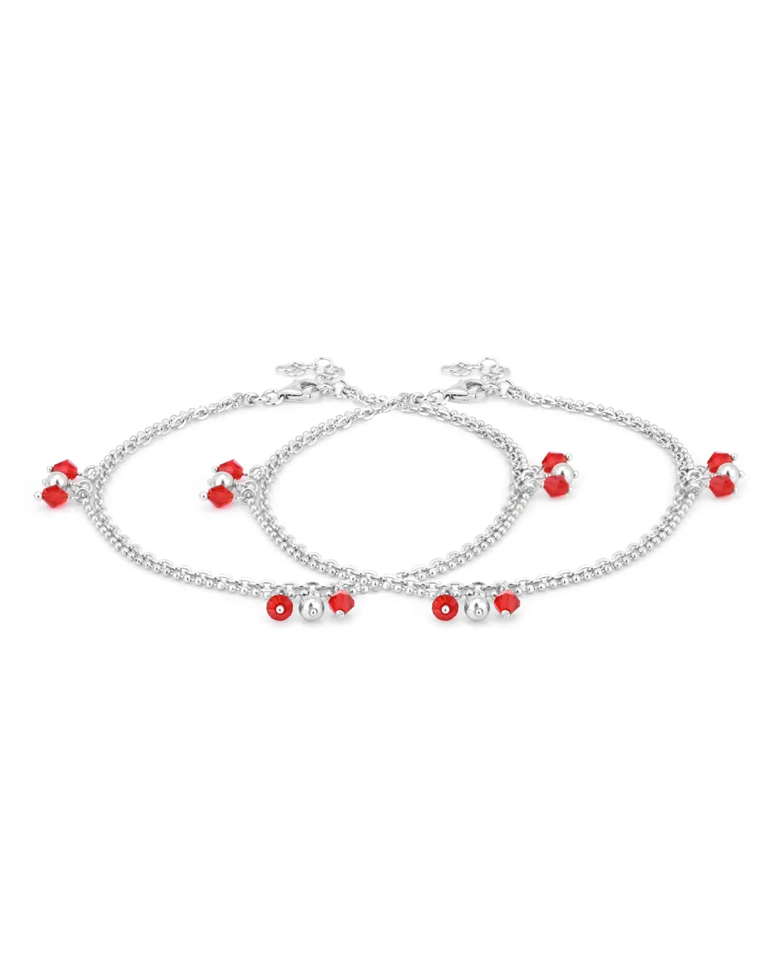 Carlton London -Set Of 2 Rhodium-Plated Silver Toned Red & Silver Link Beaded Layered Anklets For Women