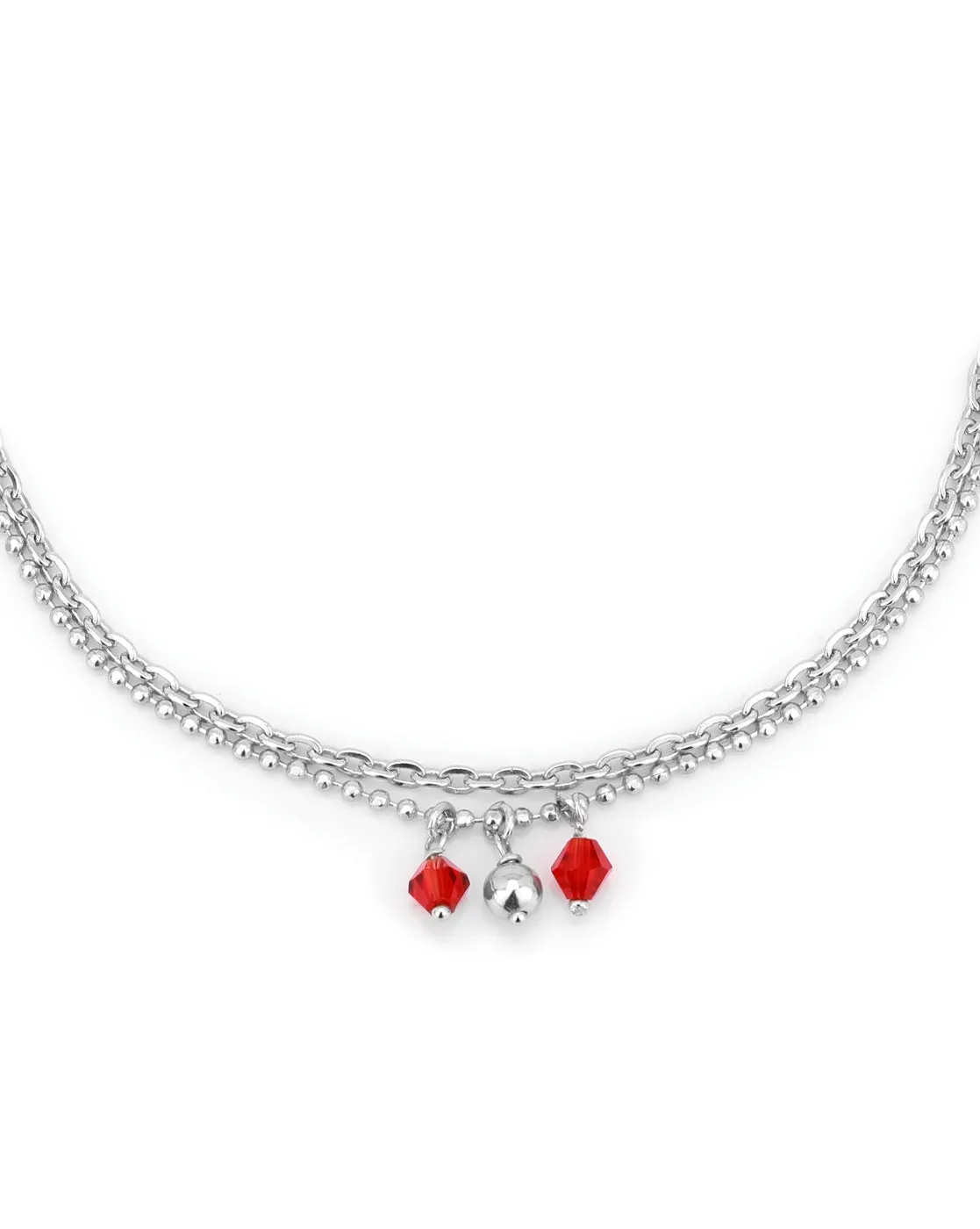 Carlton London -Set Of 2 Rhodium-Plated Silver Toned Red & Silver Link Beaded Layered Anklets For Women