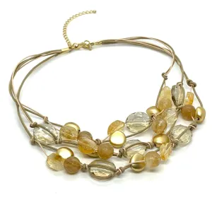 Citrine Quartz And Champagne Crystal  Natural Linen and LeatherTorsade Necklace