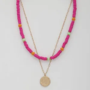 Coin Wood Bead Layered Necklace