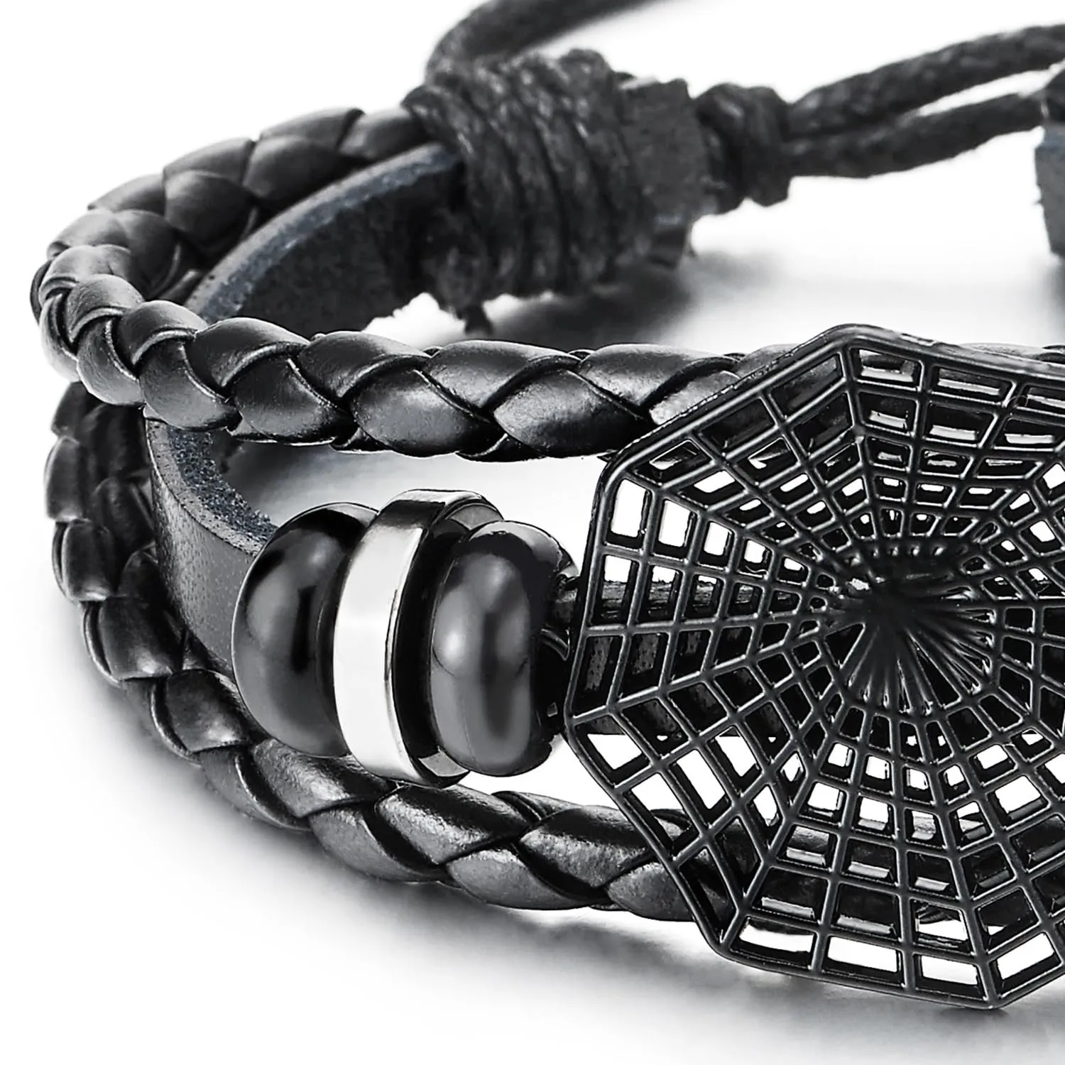 COOLSTEELANDBEYOND Spiker Web Multi-Strand Black Leather beaded Bracelet, Men Women Braided Leather Wristband Wrap Bracelet