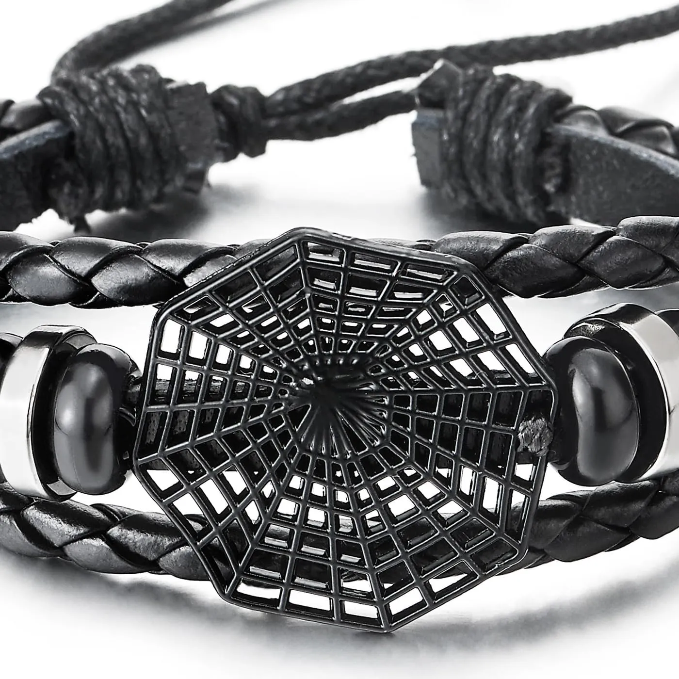 COOLSTEELANDBEYOND Spiker Web Multi-Strand Black Leather beaded Bracelet, Men Women Braided Leather Wristband Wrap Bracelet