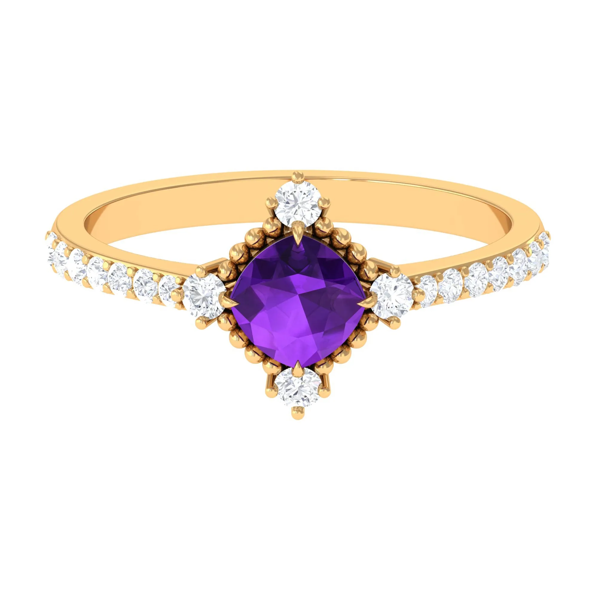 Cushion Amethyst Solitaire Engagement Ring with Diamond Side Stones