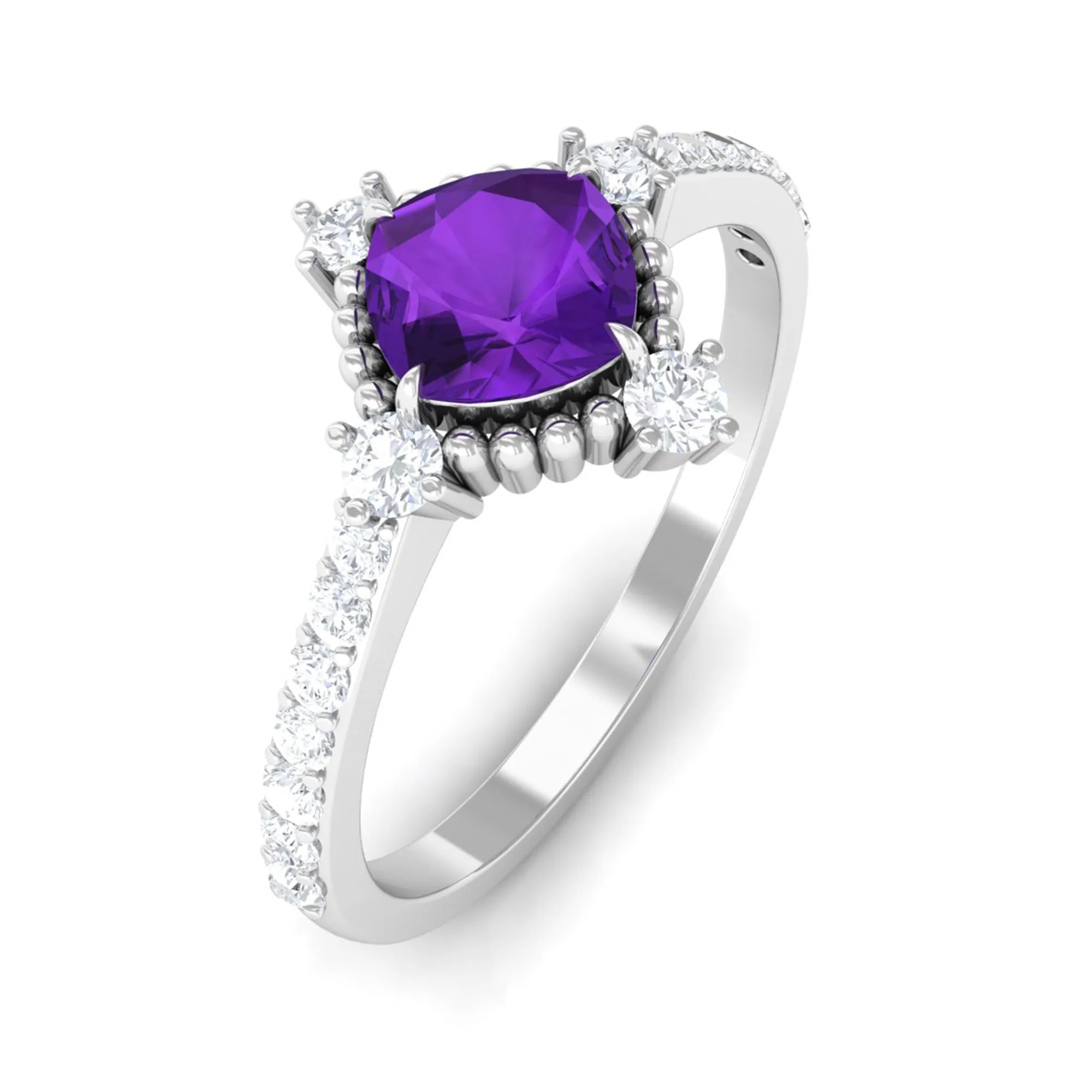 Cushion Amethyst Solitaire Engagement Ring with Diamond Side Stones