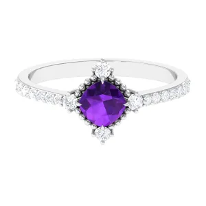 Cushion Amethyst Solitaire Engagement Ring with Diamond Side Stones