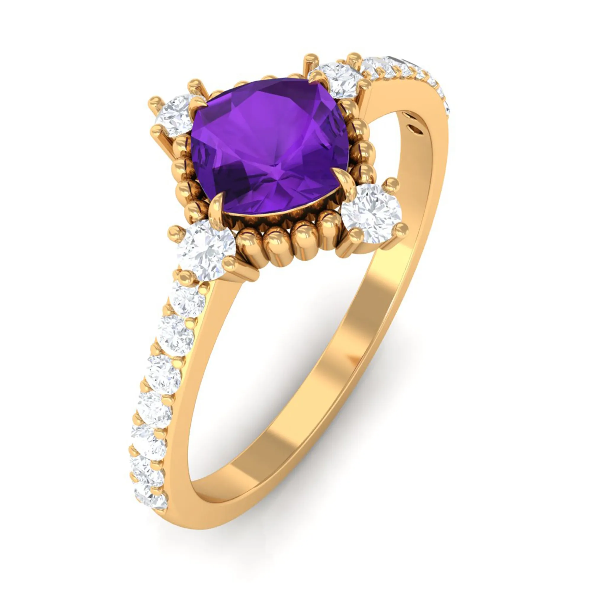 Cushion Amethyst Solitaire Engagement Ring with Diamond Side Stones