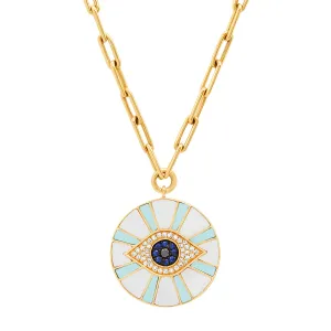 Diamond Evil Eye Coin with Mother of Pearl & Turquoise Inlay on Paperclip Chain Necklace