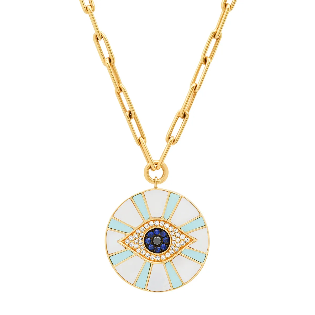 Diamond Evil Eye Coin with Mother of Pearl & Turquoise Inlay on Paperclip Chain Necklace