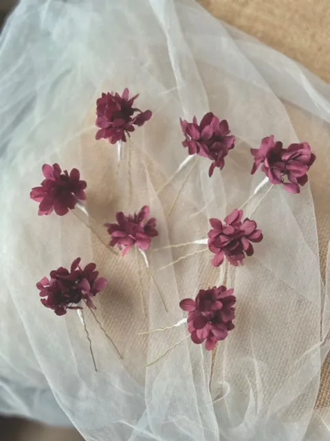 Dried Flower Rustic Wedding Hair Pin Sets Magenta Pink Purple, Bride and Bridesmaid Hair Accessories, Preserved Hydrangea Floral Hair Pieces