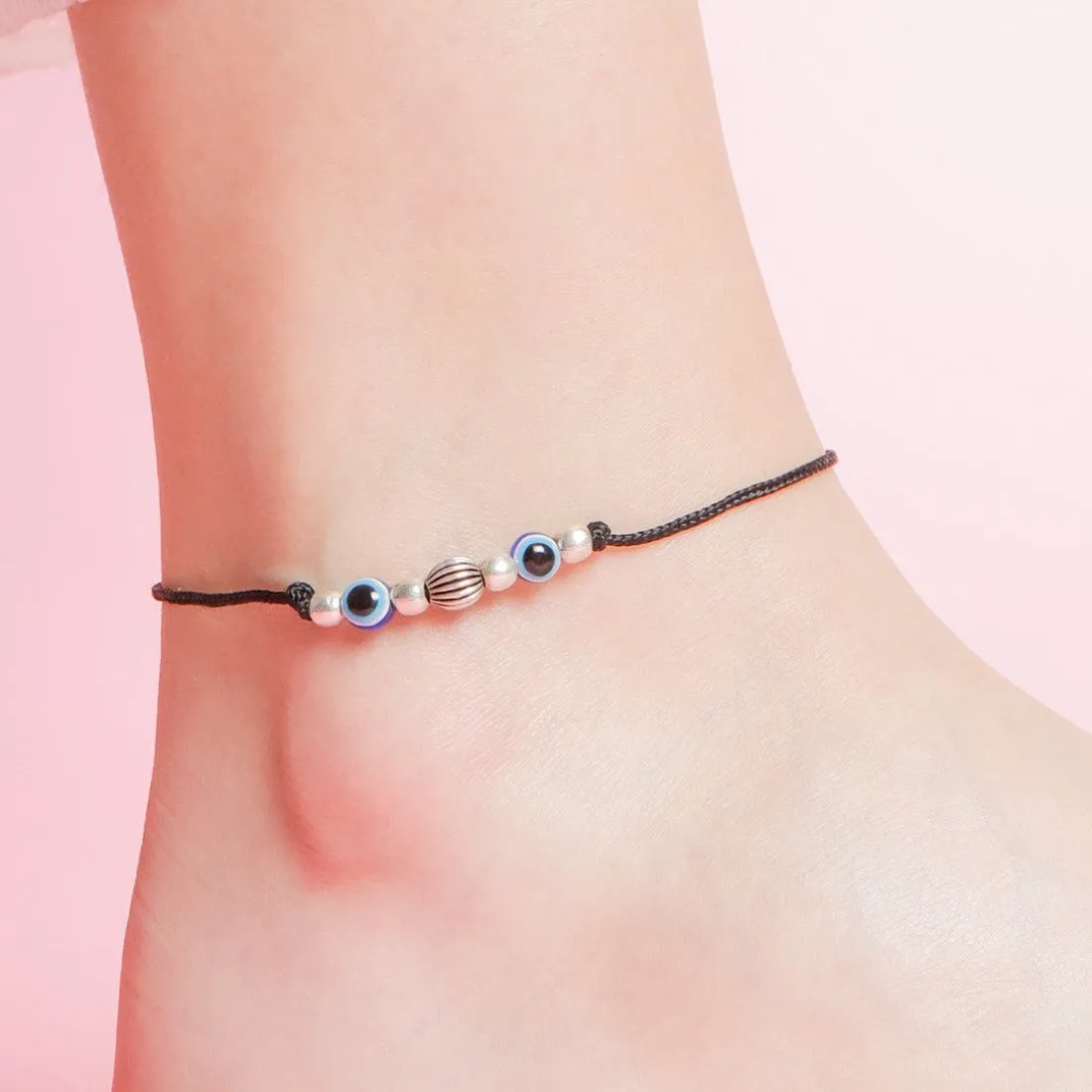 Dual Evil Eye Rhodium Plated 925 Sterling Silver Thread Anklet