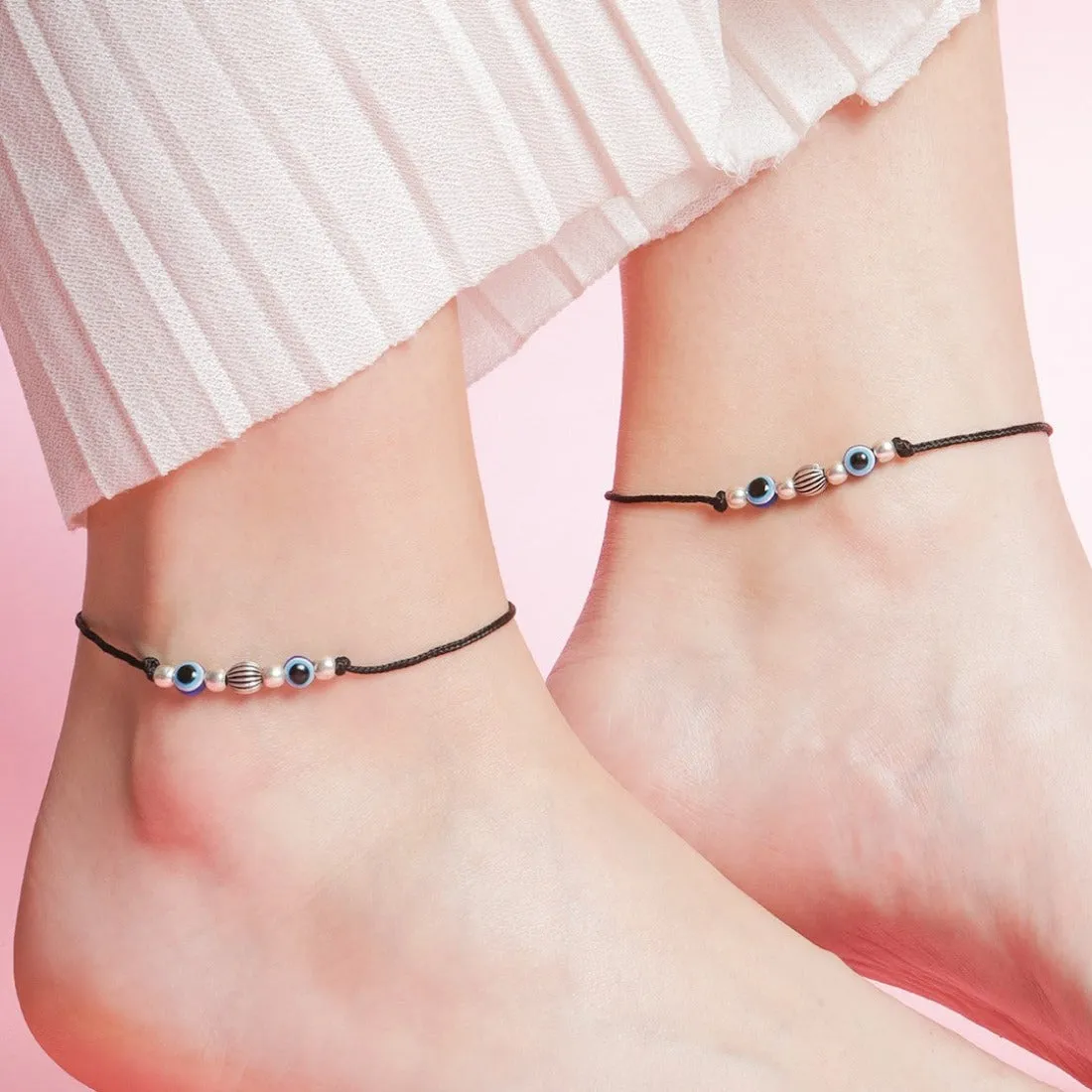 Dual Evil Eye Rhodium Plated 925 Sterling Silver Thread Anklet