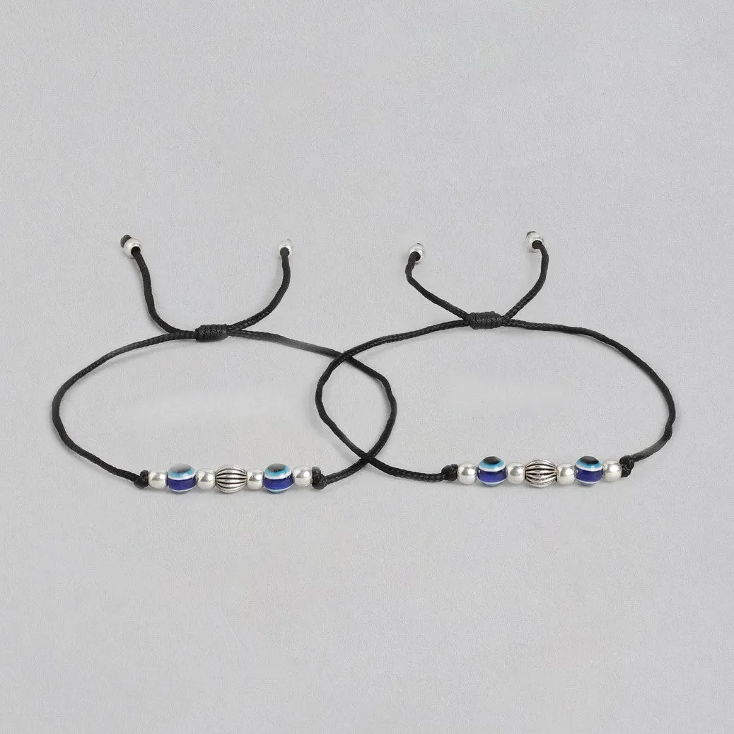 Dual Evil Eye Rhodium Plated 925 Sterling Silver Thread Anklet