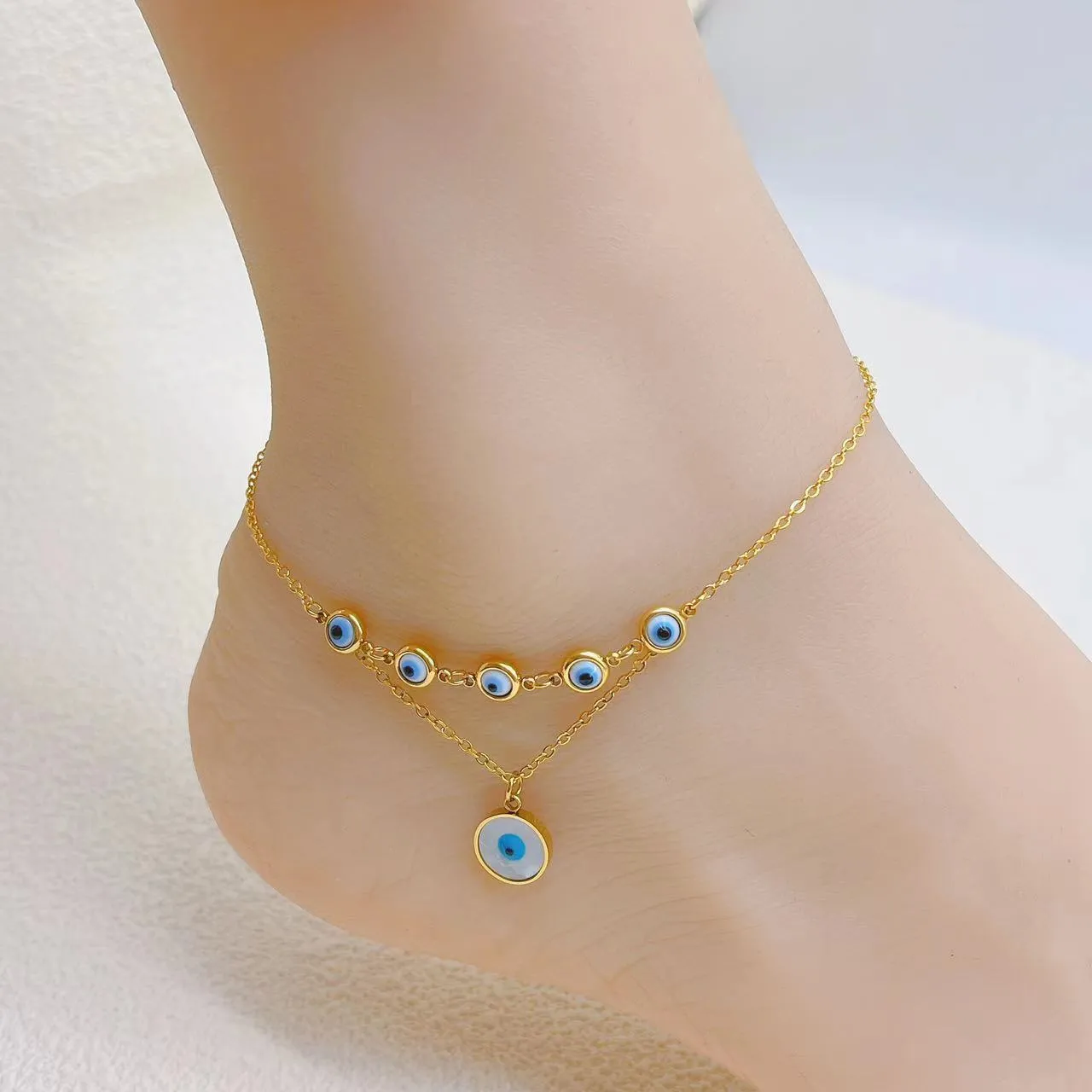 Elegant Evil Eye Layered Anklet