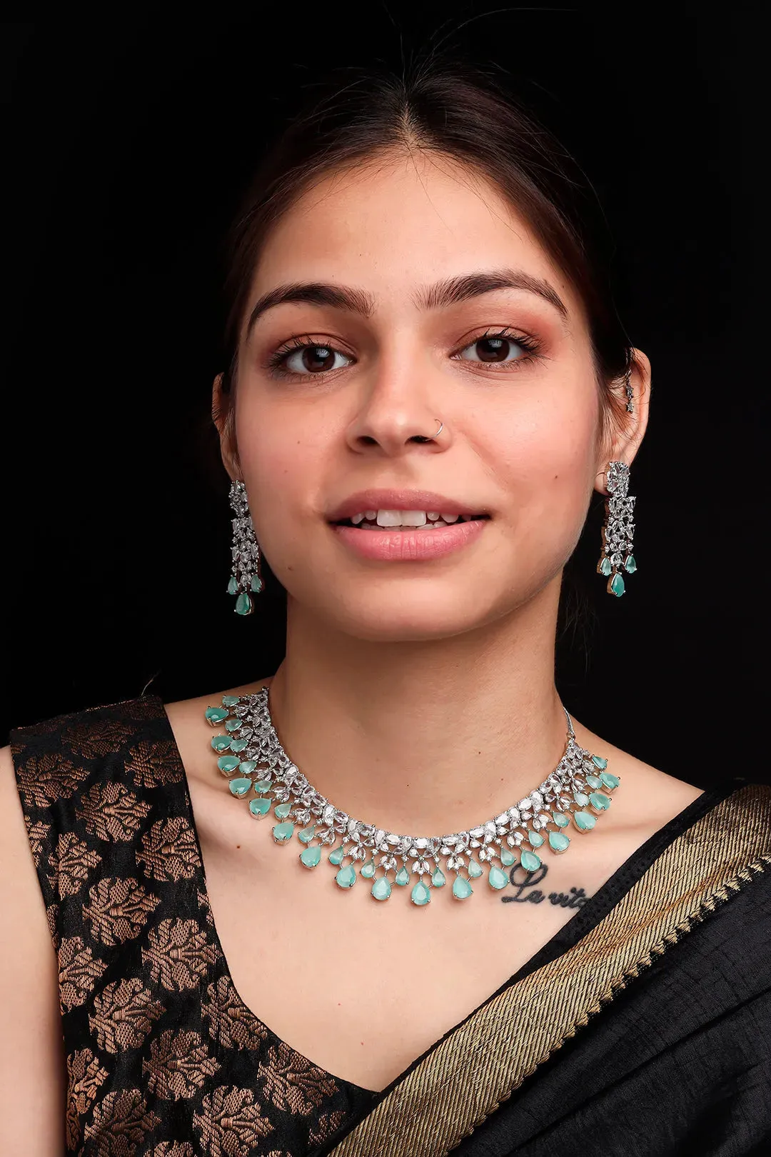 Elegant Silver Plated Turquoise Cubic Zirconia Party Wear Handcrafted Necklace Set