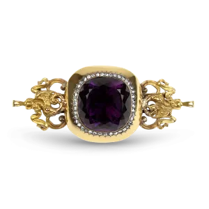 Estate Victorian 14K Yellow Gold Amethyst & Diamond Brooch