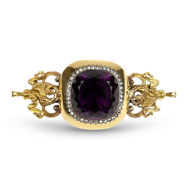 Estate Victorian 14K Yellow Gold Amethyst & Diamond Brooch