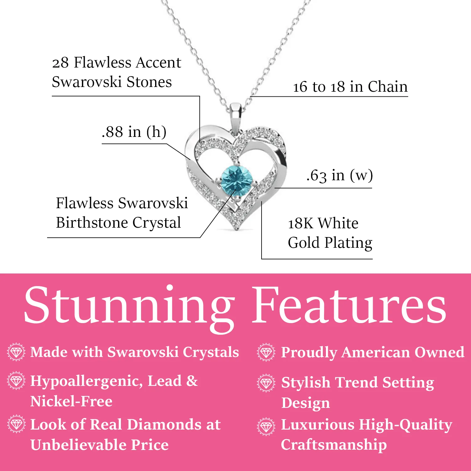 Forever March Birthstone 18k White Gold Plated Silver Double Heart Aquamarine Necklace with Swarovski Crystals