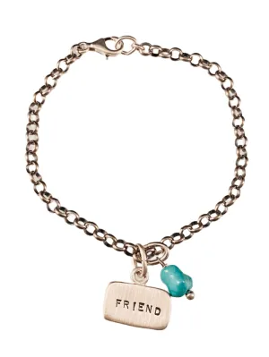 Friend Sterling Silver Tag Charm Bracelet with Turquoise Drop