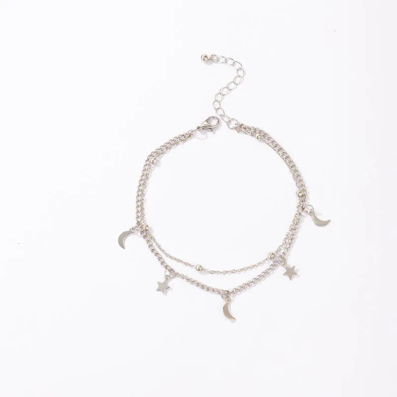 Frosty Wind Pentagram Moon Tassel Geometric 2 Layer Anklet