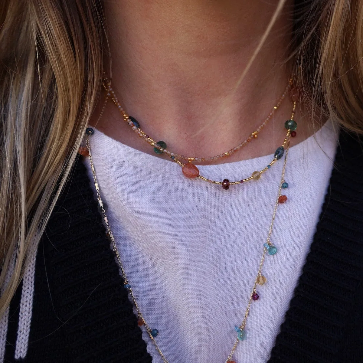 Gold Glass, Quartz, Garnet, Sunstone Mix Necklace