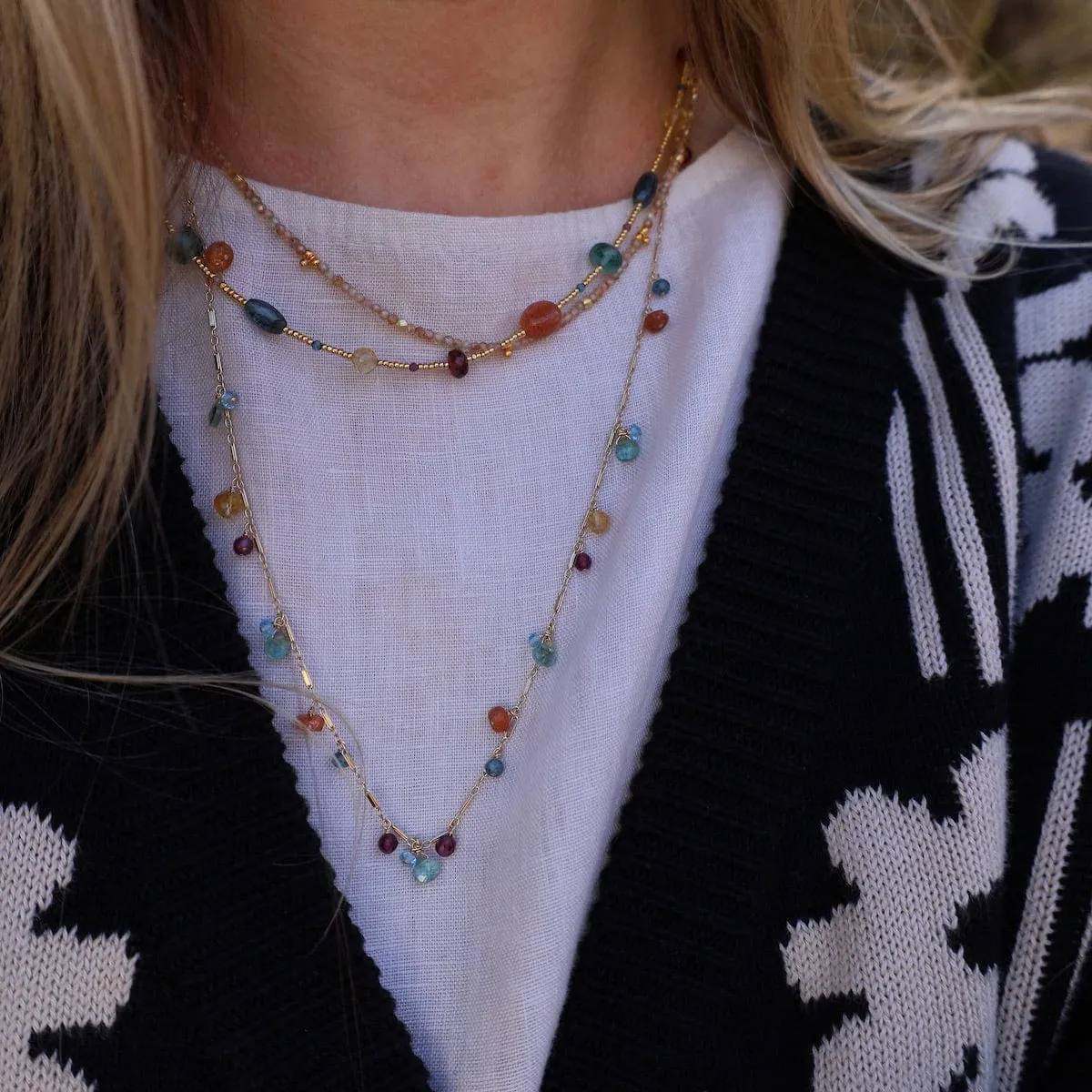 Gold Glass, Quartz, Garnet, Sunstone Mix Necklace