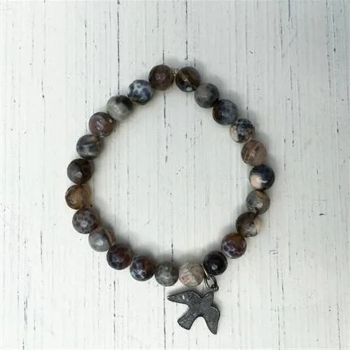 Grey Agate Small Beaded Charm Stretch Bracelet