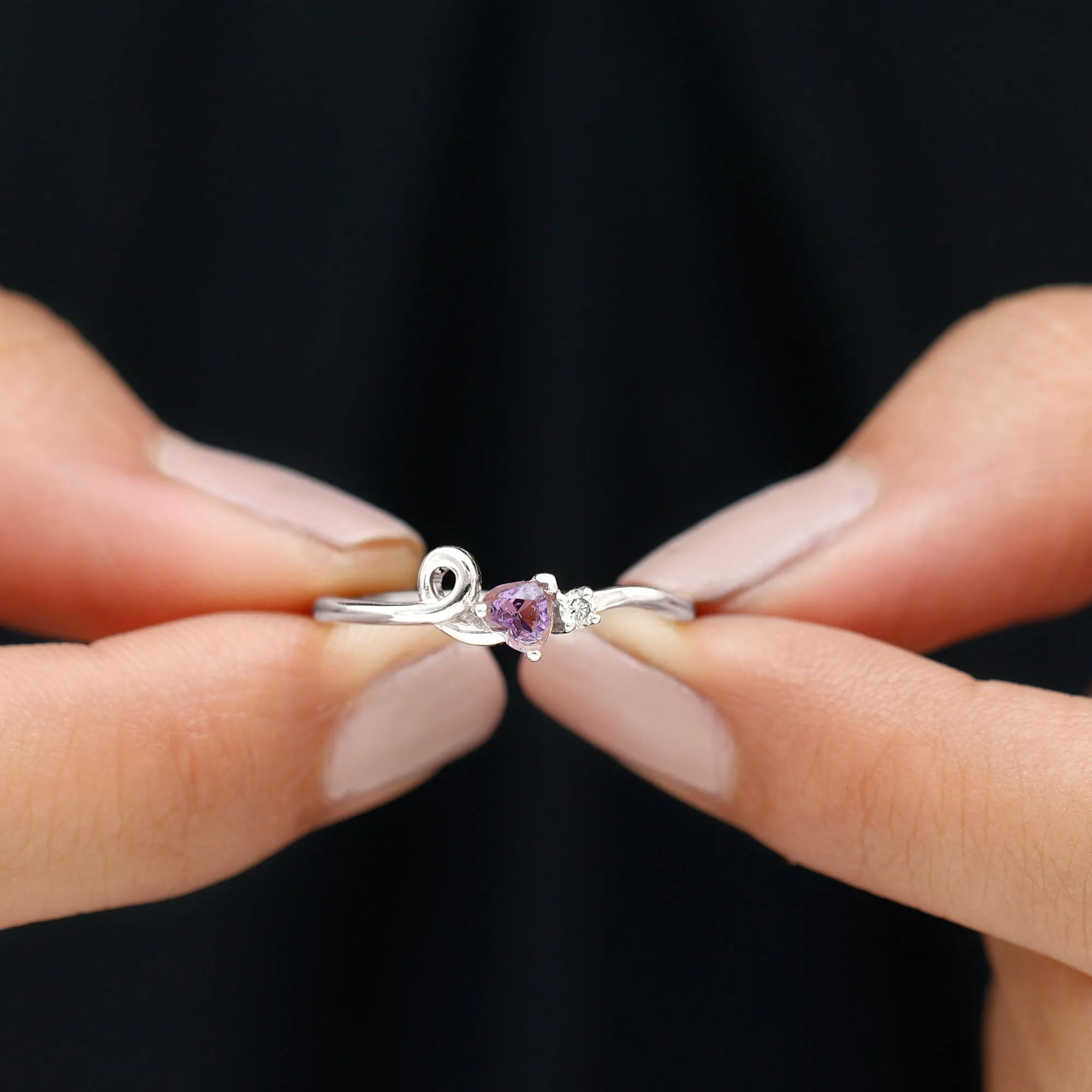 Heart Shape Real Amethyst and Diamond Twisted Promise Ring