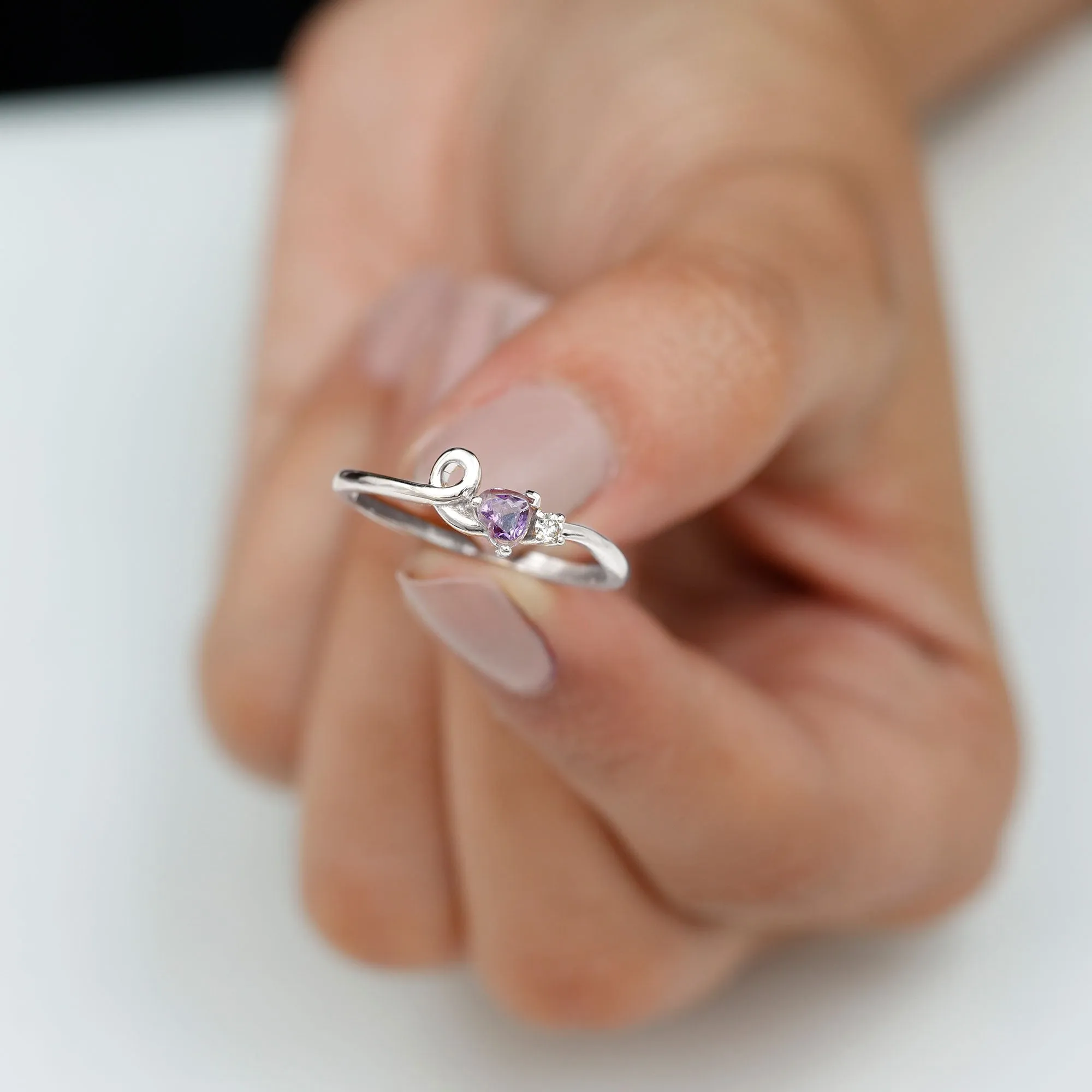 Heart Shape Real Amethyst and Diamond Twisted Promise Ring