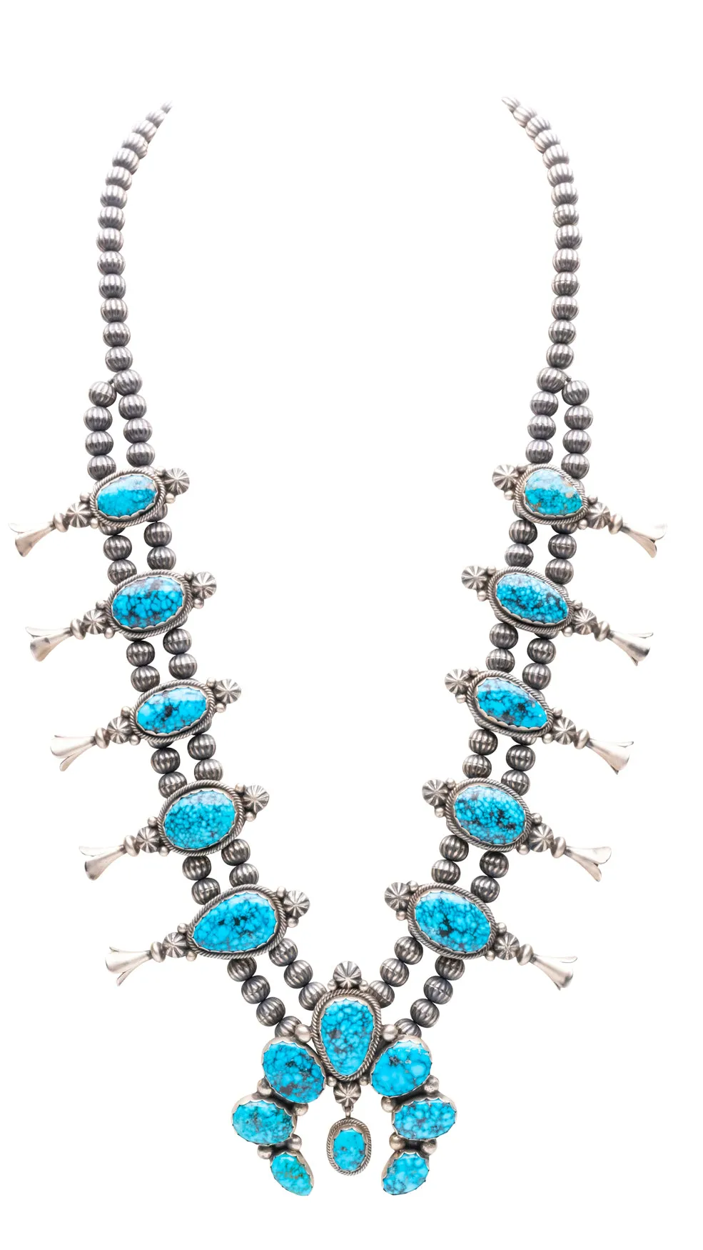 High-Grade Kingman Turquoise Squash Blossom Necklace | Edward Becenti