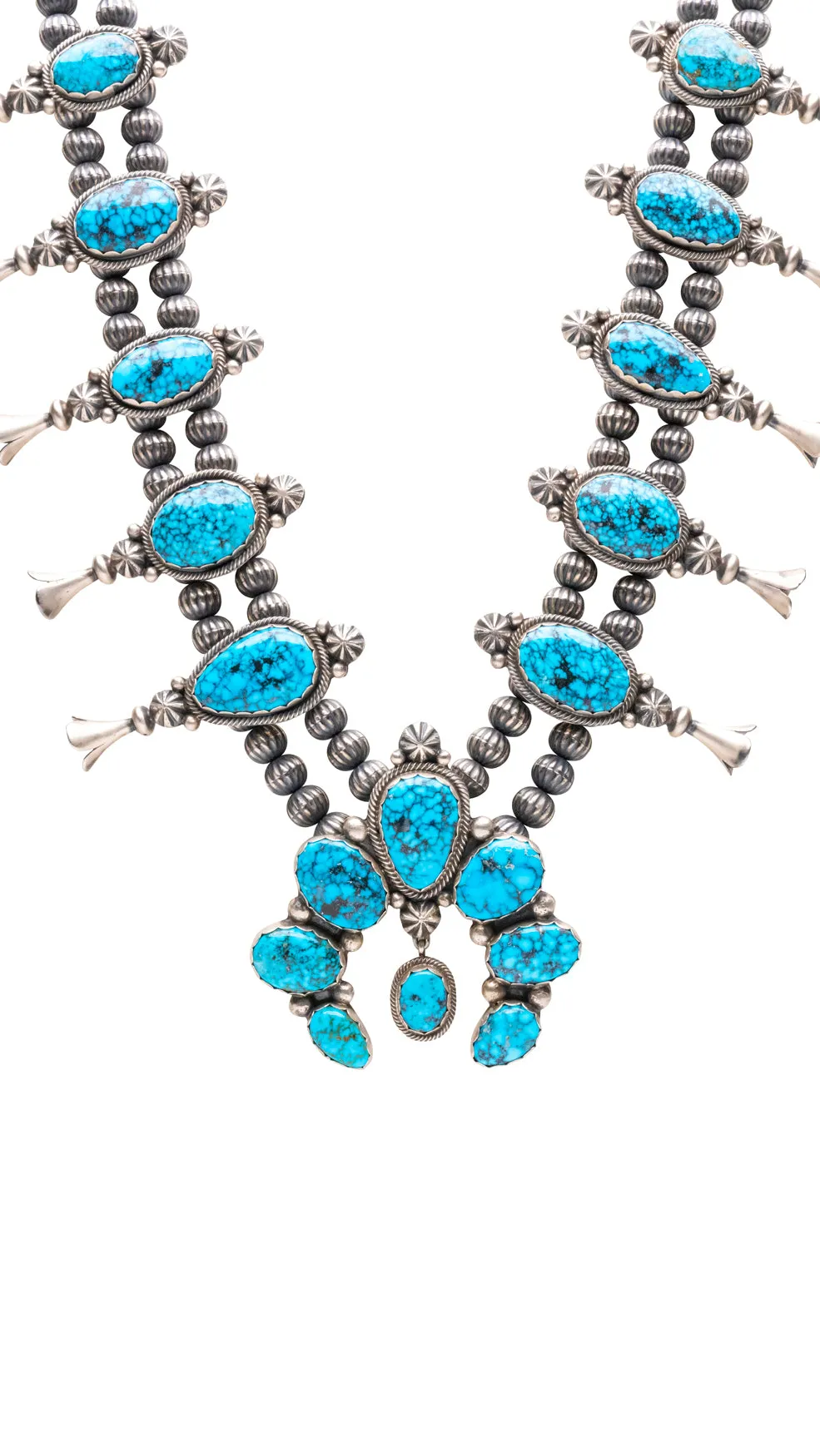 High-Grade Kingman Turquoise Squash Blossom Necklace | Edward Becenti