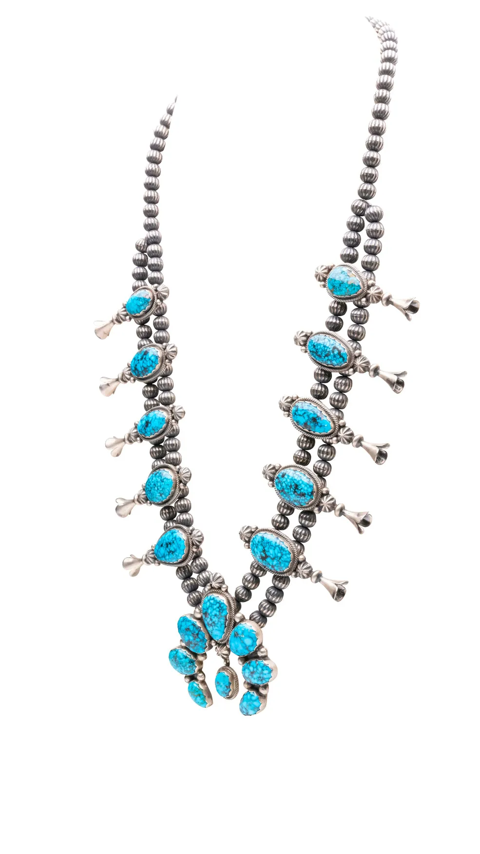 High-Grade Kingman Turquoise Squash Blossom Necklace | Edward Becenti