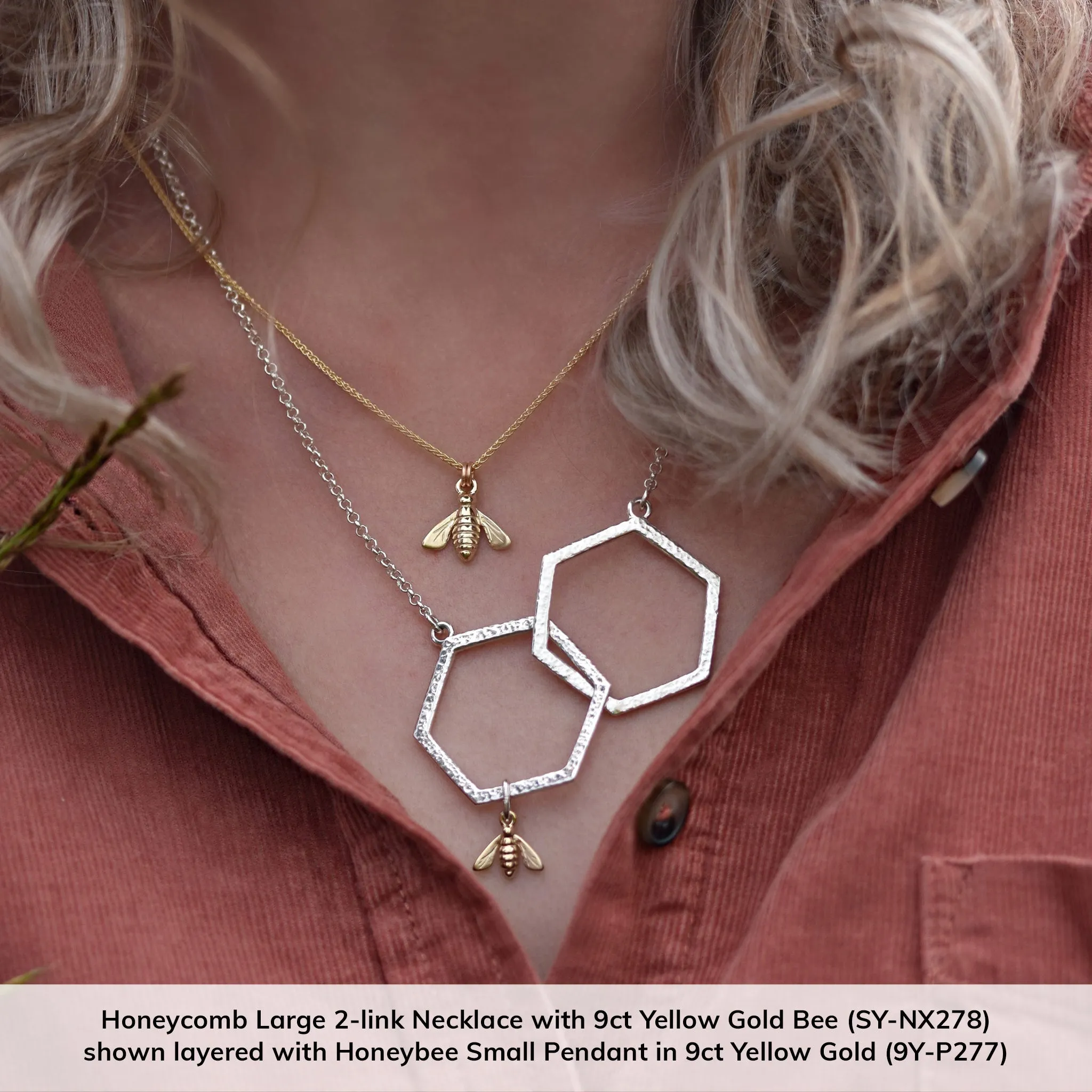 Honeycomb Large 2-link Necklace with 9ct Yellow Gold Bee