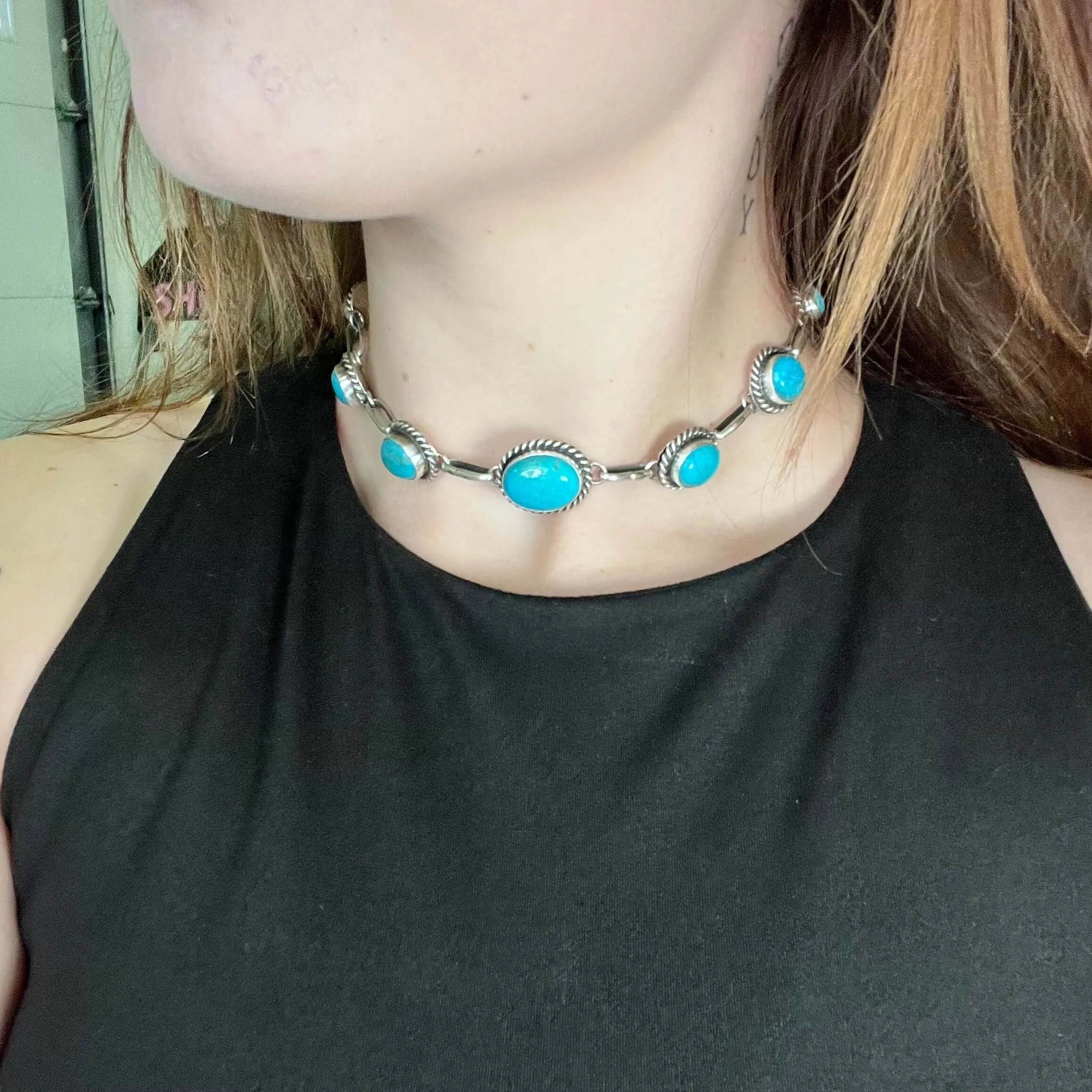 Kingman Turquoise Choker 7 Stone Genuine Necklace.