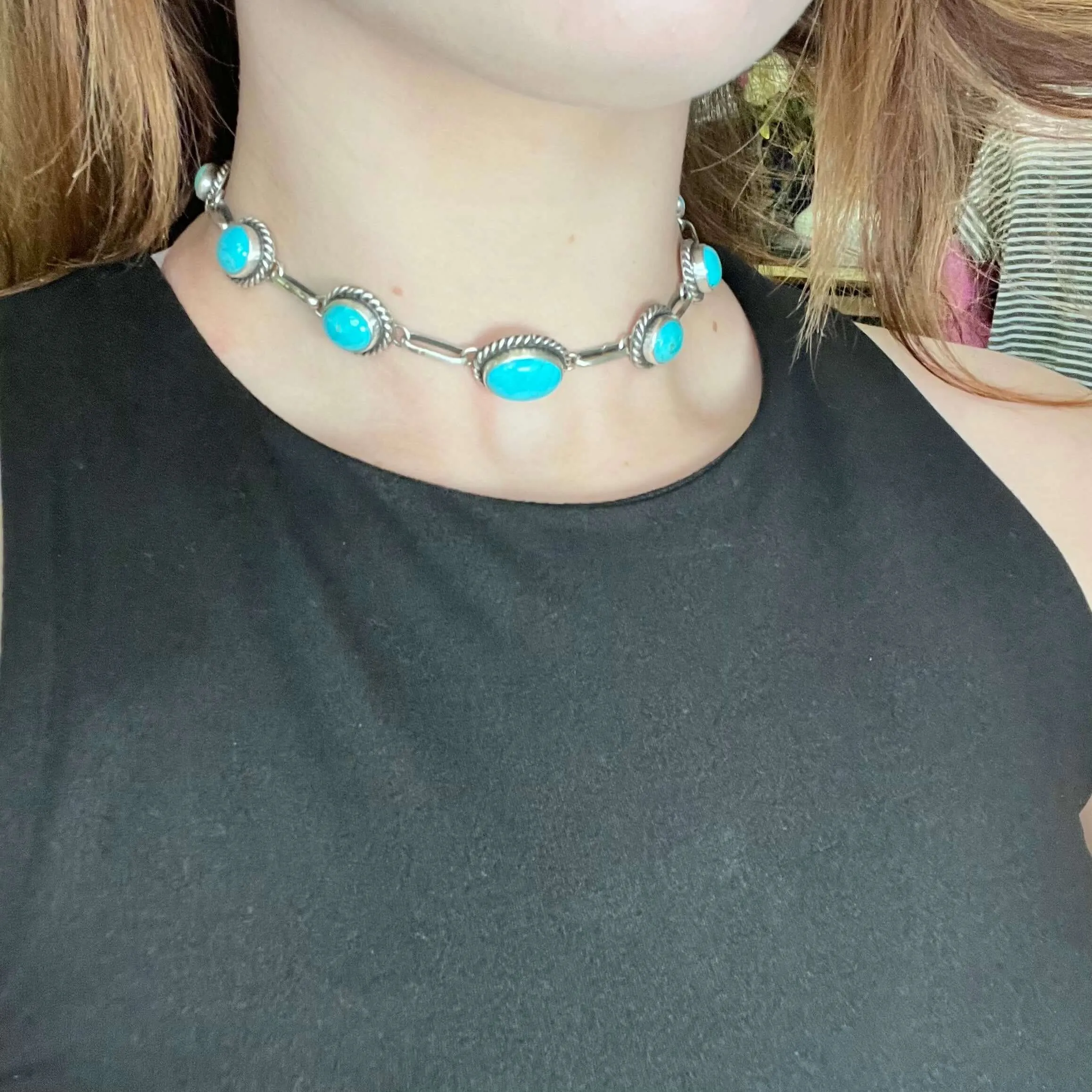 Kingman Turquoise Choker 7 Stone Genuine Necklace.