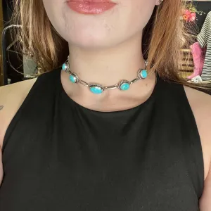 Kingman Turquoise Choker 7 Stone Genuine Necklace.