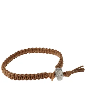 Men's Sterling Silver Macramé Skull Bracelet on Natural Leather Cord