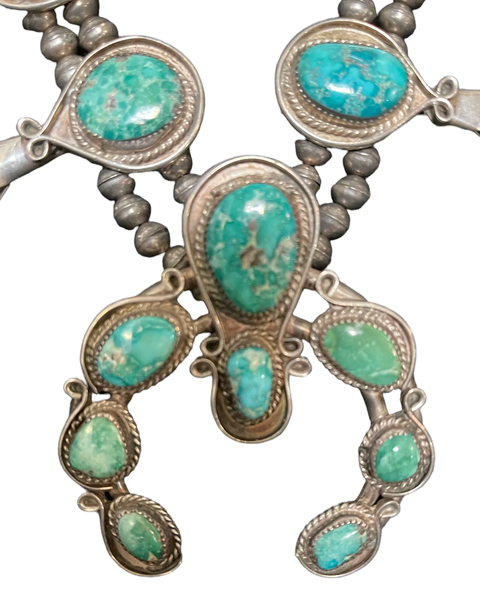 Mid 20th Century Silver and Turquoise  Squash Blossom Necklace