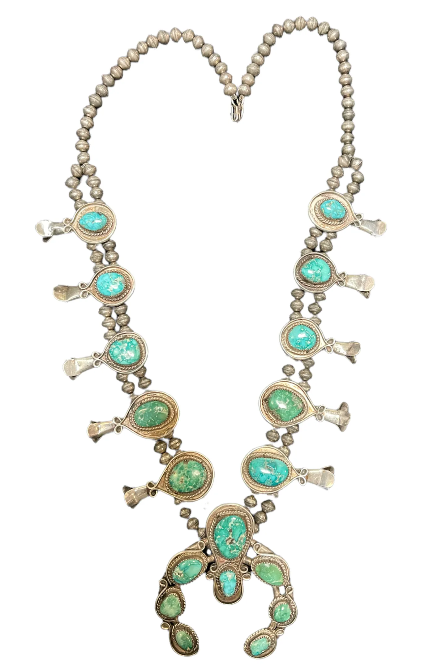 Mid 20th Century Silver and Turquoise  Squash Blossom Necklace