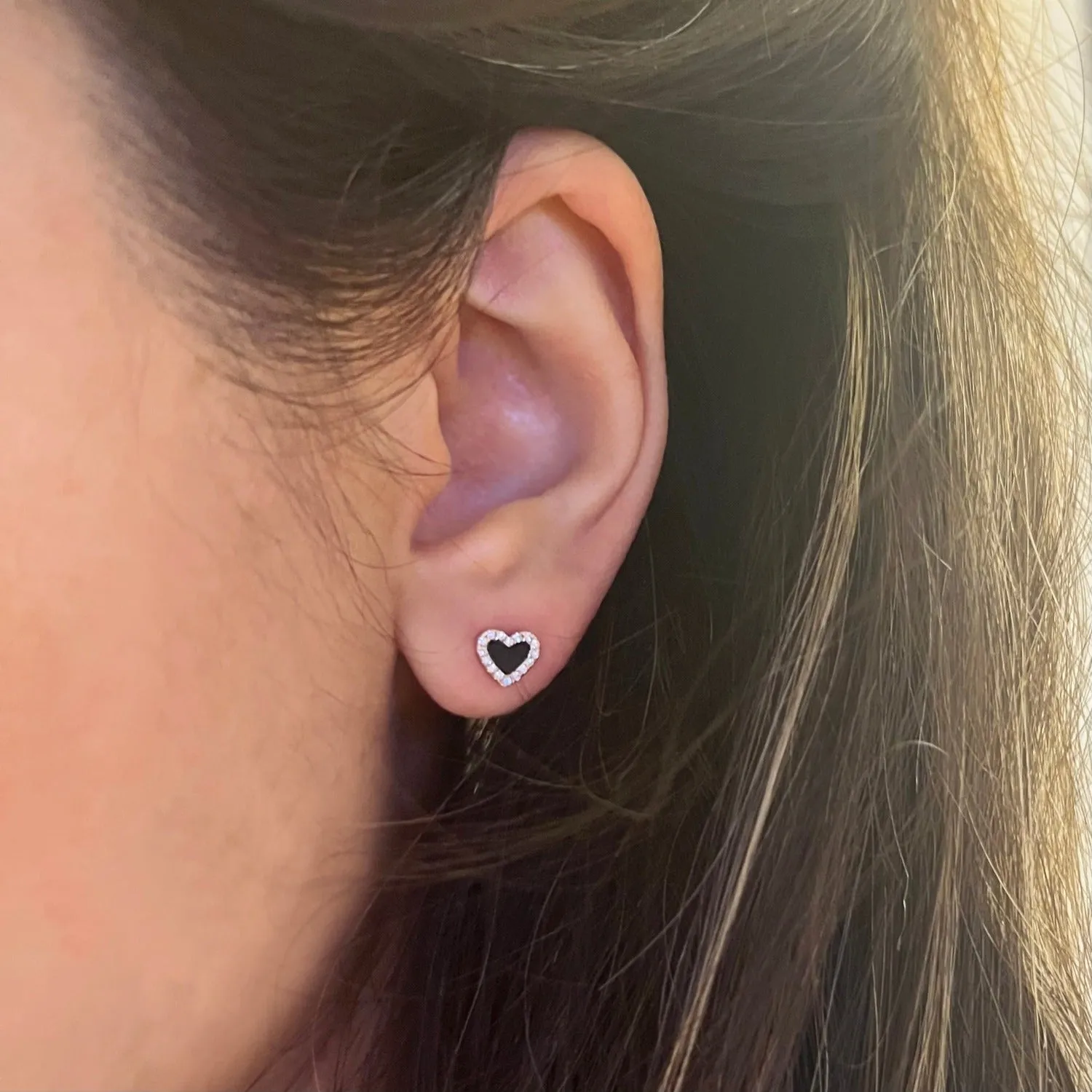 Mini Diamond and Black Onyx Heart Stud Earrings