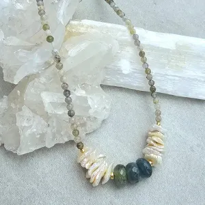 Moss Aquamarine, Petal Pearl, & Labradorite Necklace #8066