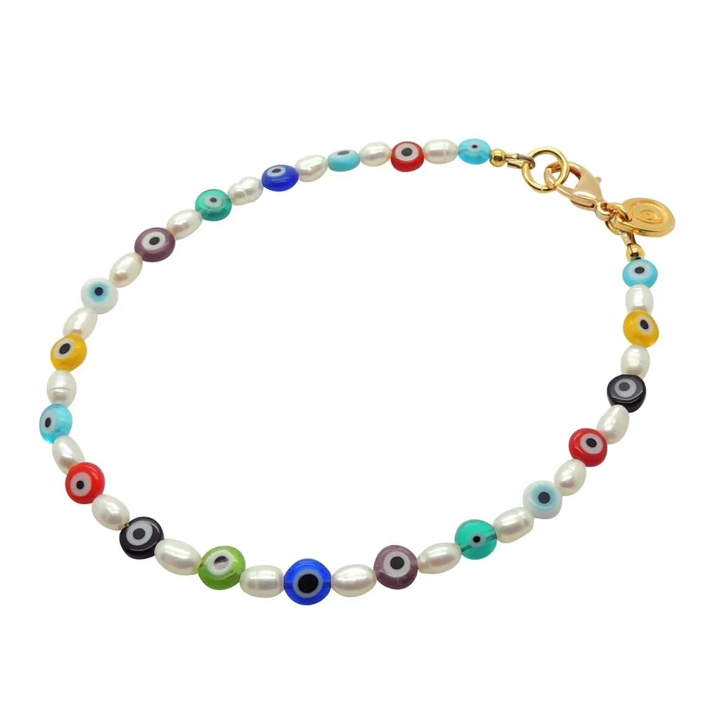 Multicolour Evil Eye Charm Freshwater Pearl Anklet