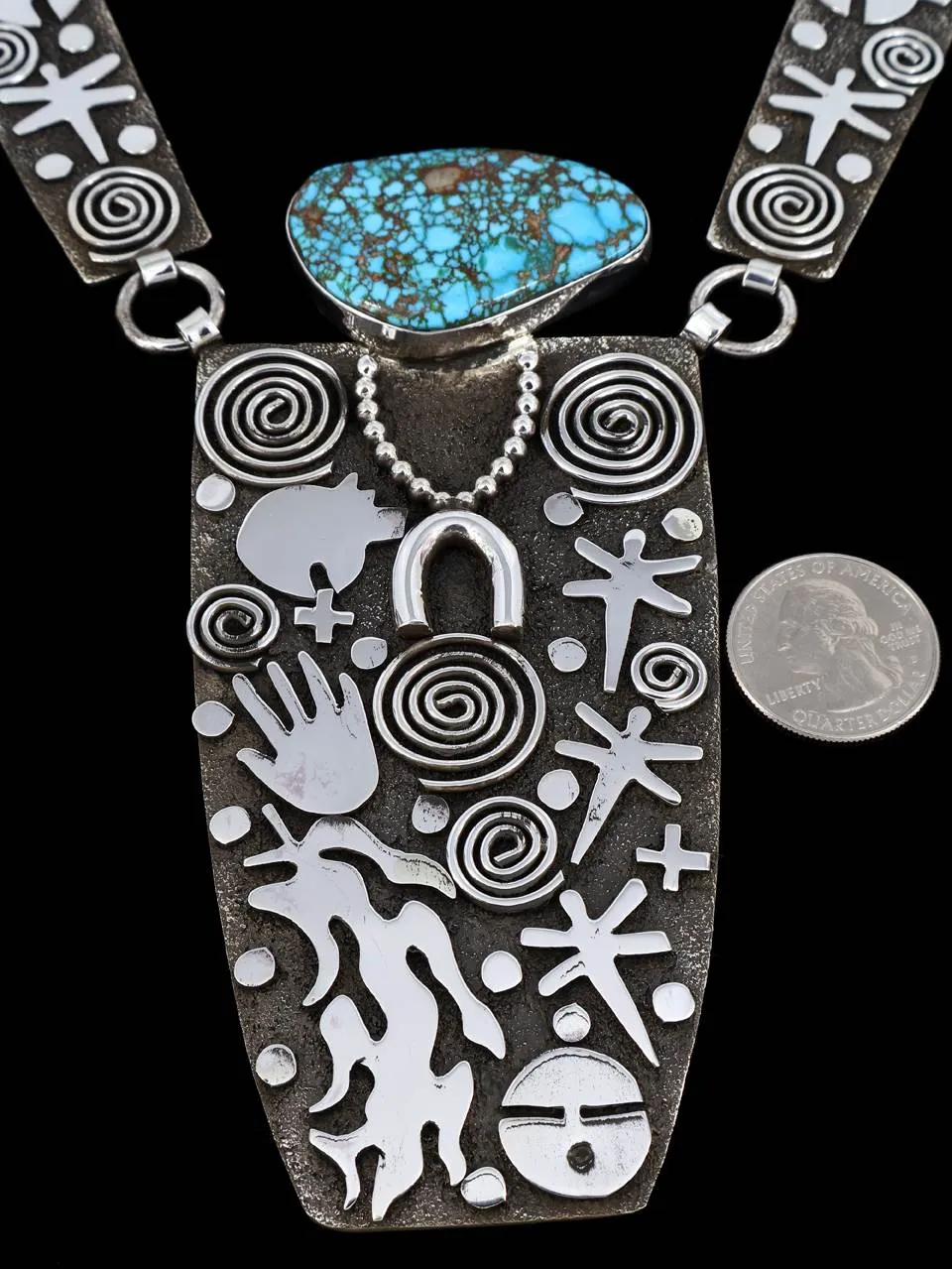 Native American Sterling Silver Kingman Turquoise Maiden Petroglyph Link Necklace