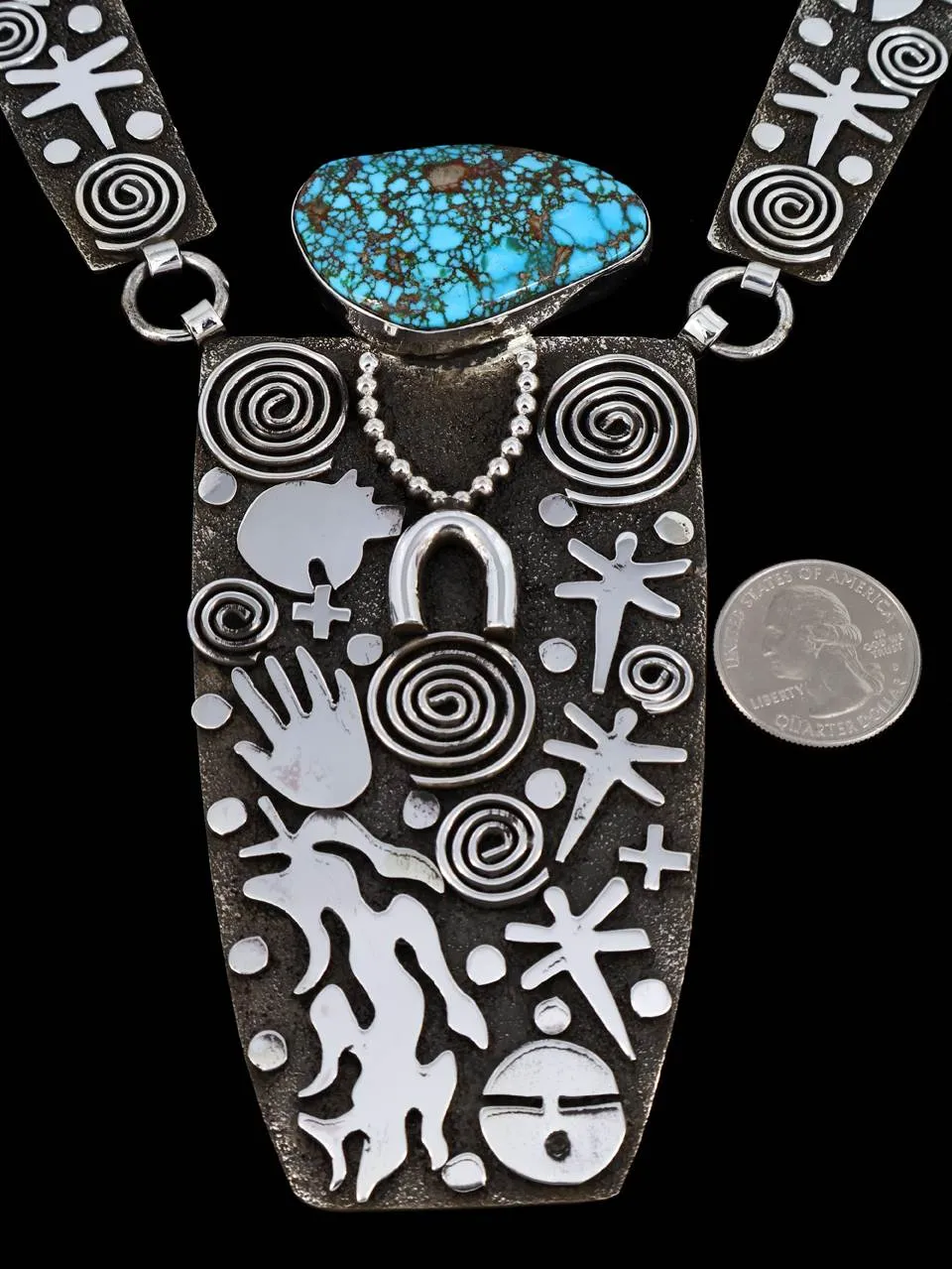 Native American Sterling Silver Kingman Turquoise Maiden Petroglyph Link Necklace