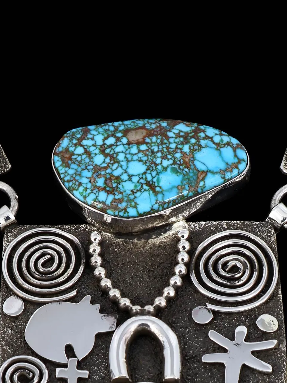 Native American Sterling Silver Kingman Turquoise Maiden Petroglyph Link Necklace