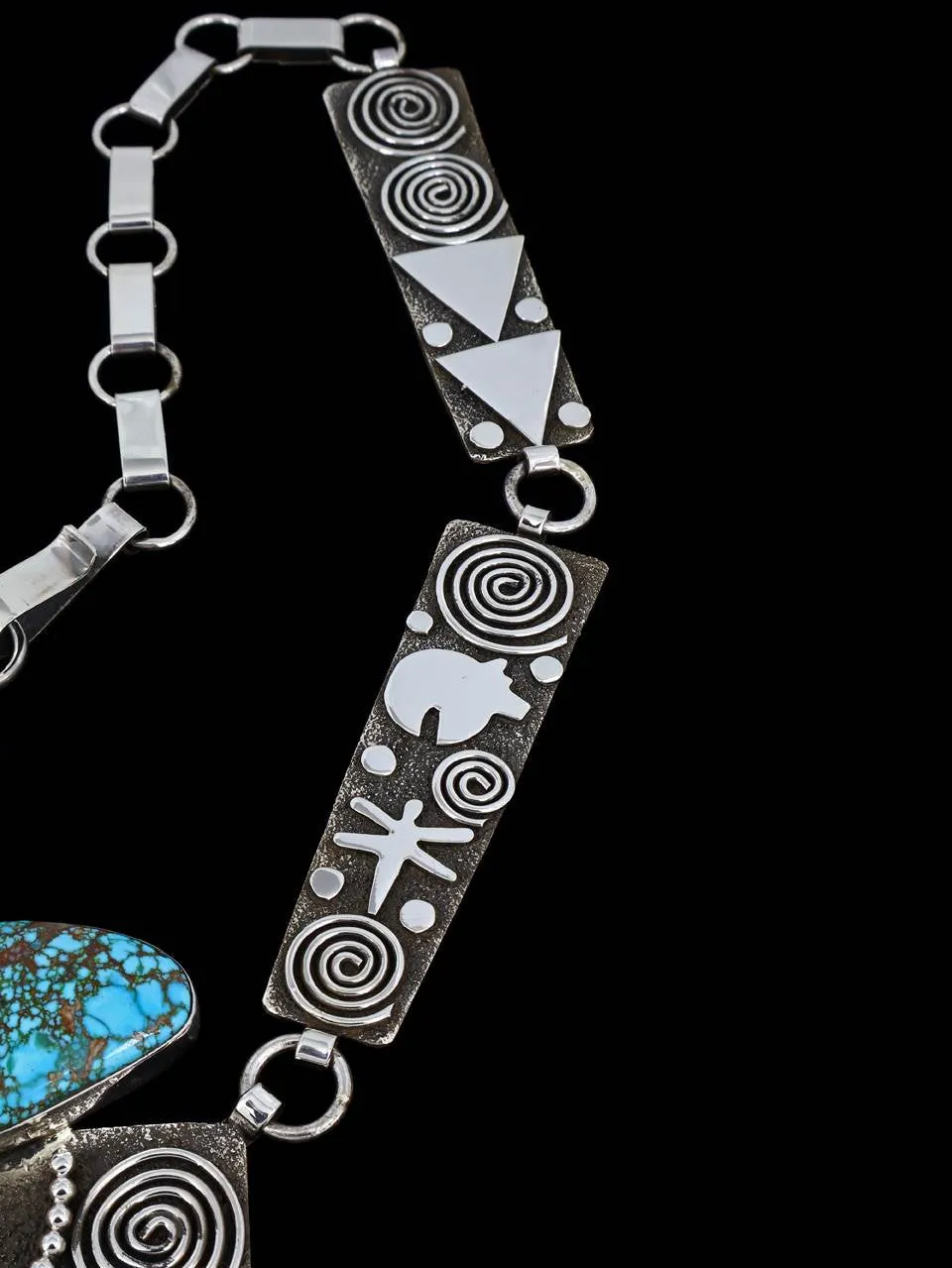 Native American Sterling Silver Kingman Turquoise Maiden Petroglyph Link Necklace