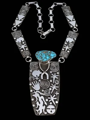 Native American Sterling Silver Kingman Turquoise Maiden Petroglyph Link Necklace