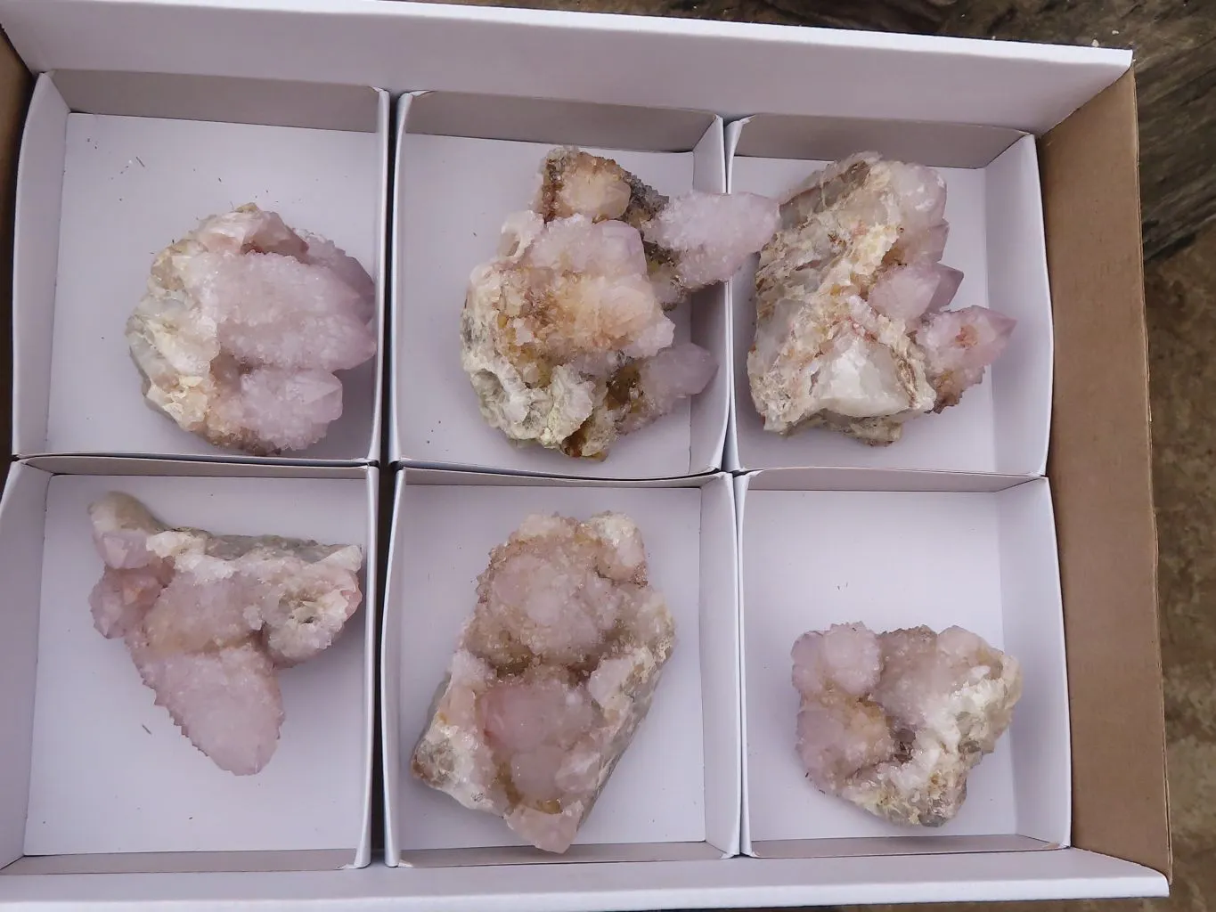 Natural Pale Spirit Ametrine Quartz Clusters x 6 From Boekenhouthoek, South Africa