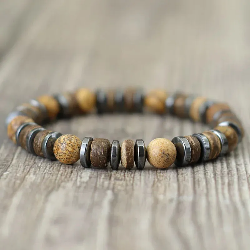 Natural Wooden Bracelet Homme Black Hematite Stone Beaded Braclet Men Accessories Casual Jewelry Tiger Eyes Volcanic Braslet